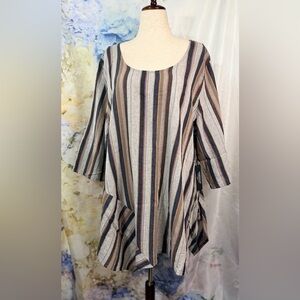 Jones New York Blue and Gray Striped linen cotton top. Lagenlook asymmetrical